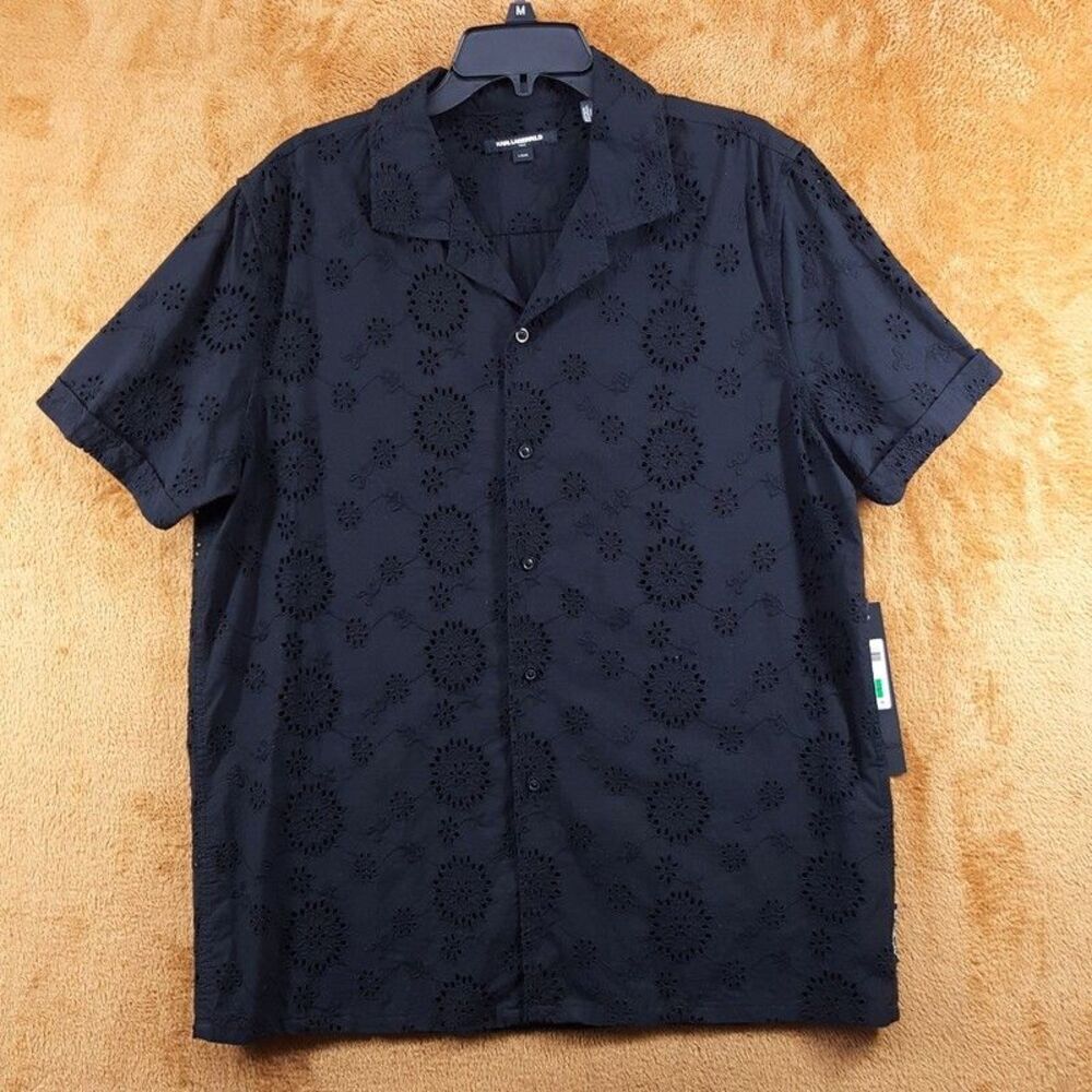 KARL LAGERFELD Shirt Mens Large Black Button Up Short Sleeve Embroidered Eyelet